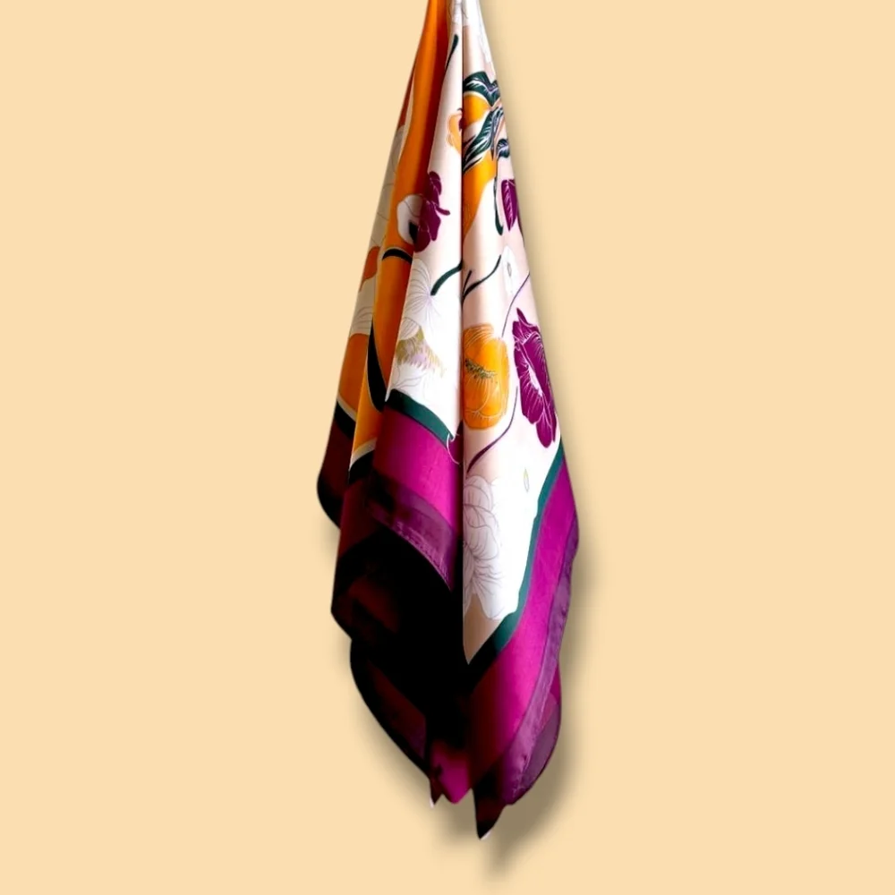 😎🧡 4/$20 Floral Colorblocked Silky Scarf Square- Orange, Purple, Cream & Green - Picture 5 of 7